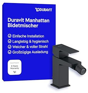 Duravit Manhattan Einhebel-Bidetarmatur (Auslauf Höhe 90 mm), Bidetmischer mit Zugstangen-Ablaufgarnitur, Schwarz Matt