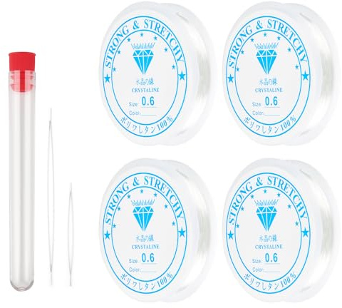 4 bobinas de banda elástica para pulseras, hilo de perlas de 0,6 mm, cordón resistente al desgarro, hilo de joyería, hilo de nailon invisible, hilo elástico transparente con aguja de cuentas para