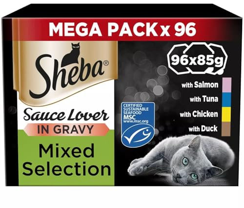 Sheba Sauce Lover Wet Cat Food Trays Mixed Selection in Gravy 96 x 85g – Tender Meat, Rich Sauce, Complete Nutrition