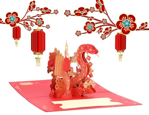 Sionhiuo Carte pop-up de bonne année, cartes de vœux serpent du Nouvel An chinois 2025 - Enveloppe Nouvel An Carte Année Serpent - Carte de bénédiction du Nouvel An chinois, carte pop-up 2025 pour