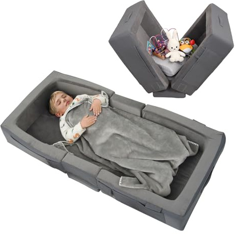 ENITYA Toddler Travel Bed – Portable Foldable Soft Foam Floor Bed for Kids 18M–4yr, No Assembly, Washable Cover, Built-in Safety Rails, Compact for Travel & Home Use, Grey