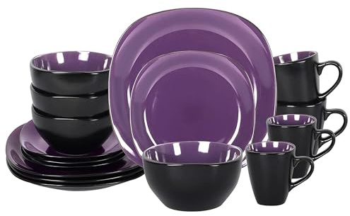 HomeVSS Square 16-Piece Dinner Set - Ceramic Dinnerware Set for 4, Square Plates & Bowls Set with Dual-Tone Glaze (Shiny Purple), Dishwasher & Microwave Safe, Modern Dish Set for Daily