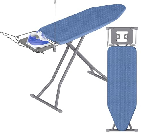 SONGMICS Bügelbrett, 122 x 38 cm Bügelfläche, Bügeltisch höhenverstellbar, klappbar, mit Kabelhalter, Bügeleisenablage, Haken, für Dampfbügelstation, mitternachtsblau-Taubengrau LLB004QP01