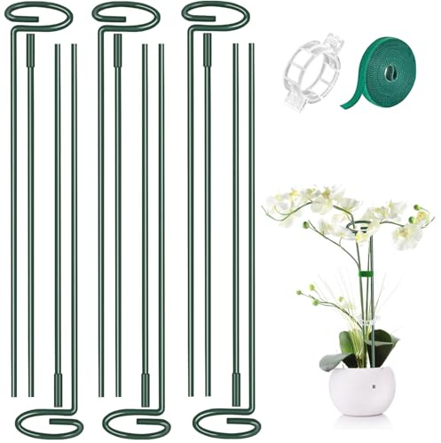 MAFONE 6 Pack 24inch Plant Support Stakes,Plant Stick for Two Sizes(12 or 24Inch) Garden Single Stem Flower Support Stake Plant Cage Support with 20pcs Clips and Plant Ties for Tomato Orchid Lily