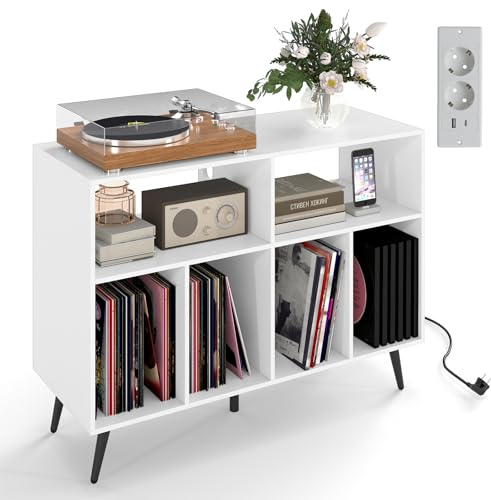 COSTWAY Meuble Rangement Vinyle pour Albums, 6 Compartiments, Rangement CD DVD Manga, 5 Pieds en Métal, Support pour Tourne-disque, Meuble Hifi, Bibliothèque Basse (Blanc,Avec prise)