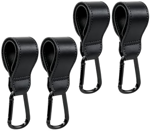 Verazquy 4 clip per passeggino, ganci antiscivolo per borse, resistenti, con moschettone, clip antiscivolo regolabili per passeggino, per borsa pannolini, passeggino, in pelle PU nera, durevoli e