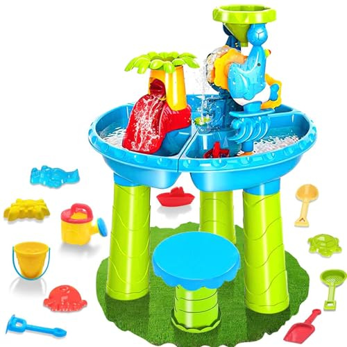 Grtheenumb Sand- und Wassertisch, Wassertisch für Kinder, 3-in-1 und Sandspiel mit Tierformen, Schaufel, Kelle, Handrechen, Eimer, Bank mehr für Spielzeug im Sommer, Strand, Pool, Hinterhof
