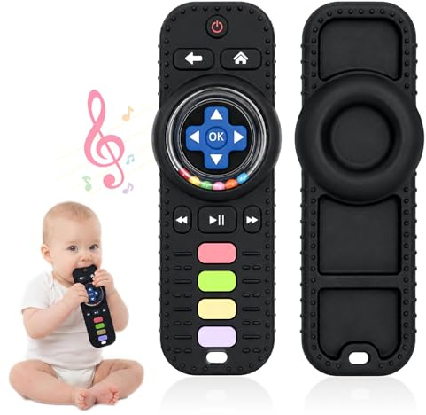 Orzbow Teething Toys for Baby, Silicone Baby Remote Control Toy, Baby Teething Toy with Baby Rattle Ring, Soothing Teethers for Babies 3-6 Months, Sensory Toys, Newborn Gifts, Black