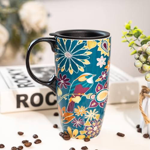 DUSVALLY Caremic Mug With Lid and Handle - 17oz Porcelain Coffee Cup in Green