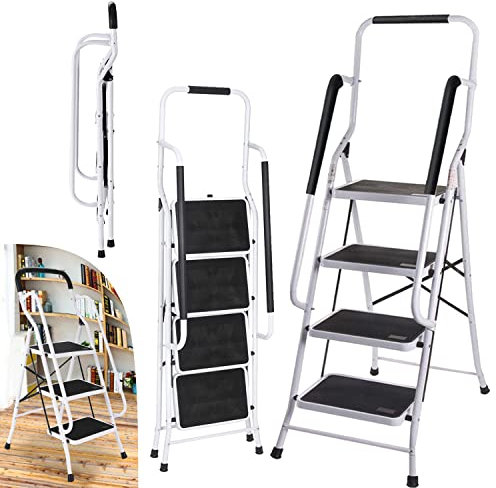 Escabeau à 4 Marches, Escabeau Marches Pliant, Echelle Marchepied Antidérapant, Escabeau Ménager en Acier avec Poignée, Pieds et Marches Antidérapants, Robuste Jusqu’à 150 kg de Charge, Blanc Noir