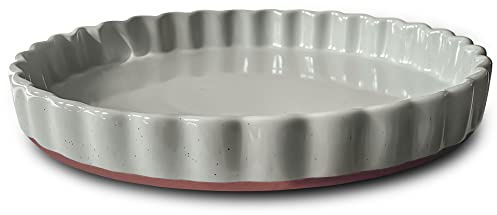 MORA Ceramic Tart Pan, 9.5 Inch Large Porcelain Baking Dish for Tarts, Quiche, Pie, Flan etc. Fluted Ruffled Edge, Oven, Microwave, Freezer, and Dishwasher safe - Great Gift For Bakers - Earl Grey