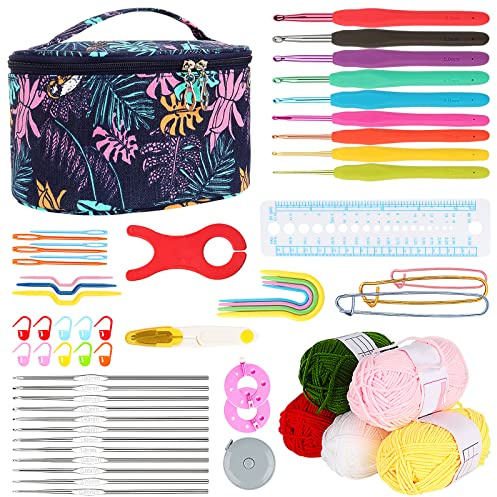 Aeelike Crochet Kit, Crochet Set for Beginners Adults, Crochet Starter Kit with Wool, Ergonomic Metal Crochet Hooks Needles Set 0.6-6.0mm, Accessories and Storage Case, Complete Crochet Kits for Kids