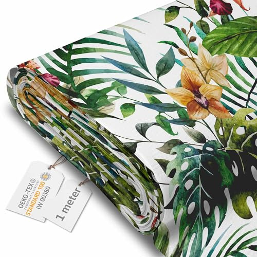 DreamRoots Tessuto Impermeabile al metro 160 cm Larghezza, 220 g/m² 600D, Stoffa per Cuscini Esterni - Floral Watercolor 1M