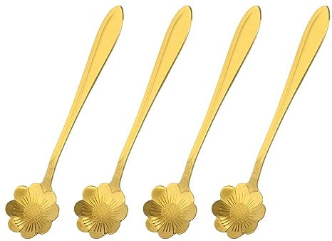 QUARKZMAN 4pz Acciaio Inossidabile Fiore Cucchiai 5 Pollici Sole Fiore Forma Caffè Cucchiaio Piccolo Cucchiaio Dessert Cucchiaio per Torta Espresso Zucchero, Oro