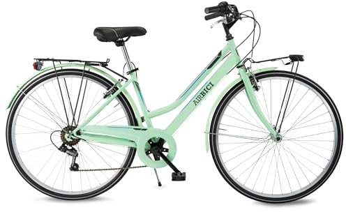 AIRBICI Fusion Lady 28 Zoll Damenfahrrad 6 Gänge, Stahlrahmen, Alufelgen, LED-Lichter, Gepäckträger, Staffelei, Shimano-Schaltung, (Wassergrün)