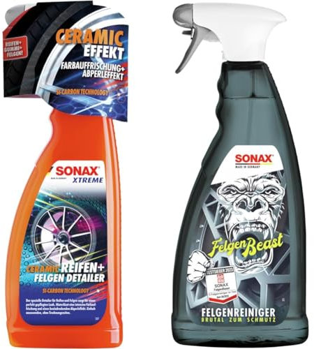 SONAX Xtreme Ceramic Reifen+FelgenDetailer (750 ml) & FelgenBeast (1 Liter) Felgenreiniger für alle polierten, verchromten und matten Stahl- & Leichtmetallfelgen | Art-Nr. 04333000