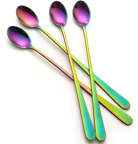 tiokin Latte Spoons, Set of 4 Long Handle Spoons, Stainless Steel Coffee Spoons Tea Spoon Ideal for Latte Coffee, Espresso, Hot Chocolate, Hot Drinks, Dessert & Ice Cream Sundae - 9inch(Rainbow)