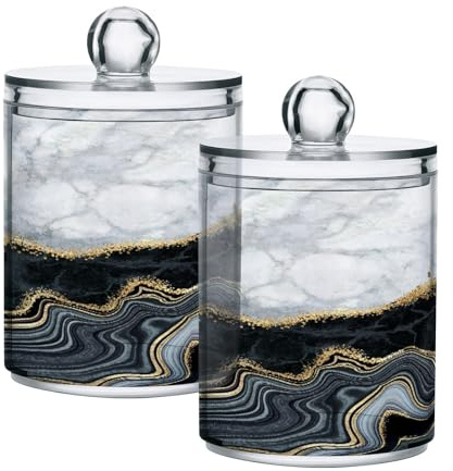 Mnsruu 2 Pack Qtip Holder Dispenser Marble Navy Grey Veins Bathroom Canister Storage Jars Clear Makeup Organizer Cotton Ball Pads Swabs Floss Containers
