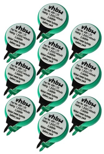 vhbw 10x NiMH Batteria a bottone di ricambio 2 pin tipo 1/V40H 40mAh 1,2V adatta a batterie per modellismo, luci solari ecc.