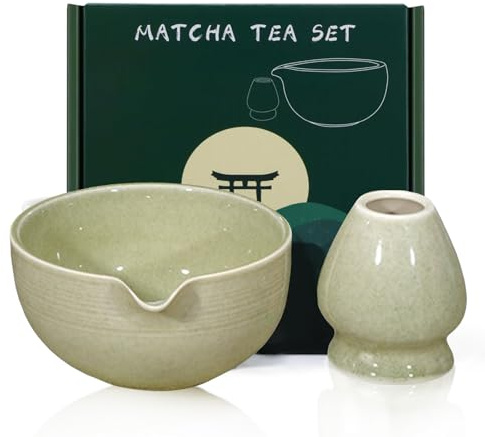 TourKing 560ml/19.71oz Matcha Bowl Set, Matcha Whisk Holder, Matcha Kit, Japanese Tea Set Includes Matcha Bowl with Spout, Tea Green Glaze Ceramic Matcha Kit for Matcha Lovers