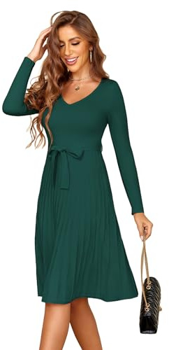 Zeagoo Vestito Donna Invernale in Maglia a Manica Lunga Abito Elegante Scollo a V Abiti Linea A Vita Alta Vestiti Tinta Unita con Cintura S-XXL