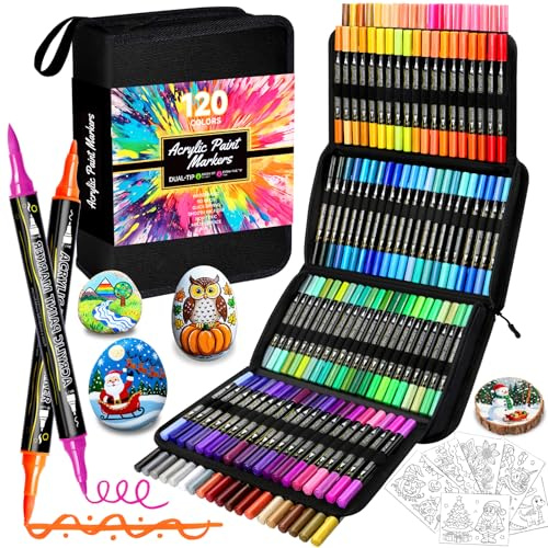 UQYMY 120 Farben Acrylstifte für Steine Wasserfest, Acrylic Marker mit Doppelspitze(Feine Spitze und Pinsel), Metallic Stifte Filzstifte für Steine Bemalen, Glas, Holz, Keramik, Leinwand, Kunststoff