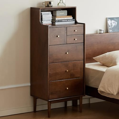Solid Wood Chest of Drawers with 6 Drawer,Walnut Storage Unit, for Bedroom | 100% RubberWood Chest of Drawers with Open Shelf Slim Tall 6-Drawer Organizer Unit for Entryway Hallway Rustic Brown
