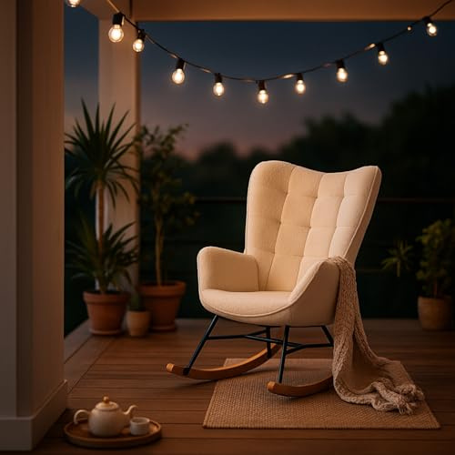 MEUBLE COSY Sedia a Dondolo da Giardino, Poltrona Relax per Terrazza Coperta e Balcone, Design Scandinavo con Gambe in Legno e Metallo, Rivestimento Non Impermeabile