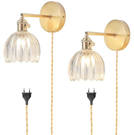 2 Apliques Pared con Enchufe, lámparas Pared con Pantalla de Cristal Transparente Tipo Tulipán, Ajustable a 180° con Interruptor y Cable, Luz de Pared Dorada para Dormitorio, Bombilla no Incluida