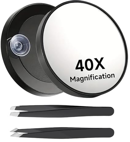 Larfraecy 40X Magnifying Mirror with 2 Tweezers,3.5 Inch Small Mirrors with 2 Strong Suction Cups,Compact Travel Make up Mirror for Precise Eyebrow Plucking,Facial Care & Makeup Application