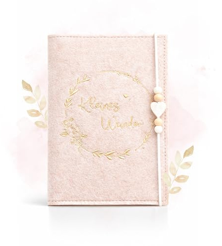 Mutterpasshülle Filz für deutschen Mutterpass – bestickte Schutzhülle mit Blumenkranz, Gummibandverschluss oder Druckknopf (Goldstickerei mit Silikonperlen）