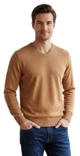 kraftd Mens Jumper V Neck – Smart Knitwear Sweater for Men | Lightweight Acrylic Pullover | Long Sleeve Warm Winter Jumper for Work, Casual & Golf (Taupe, M)