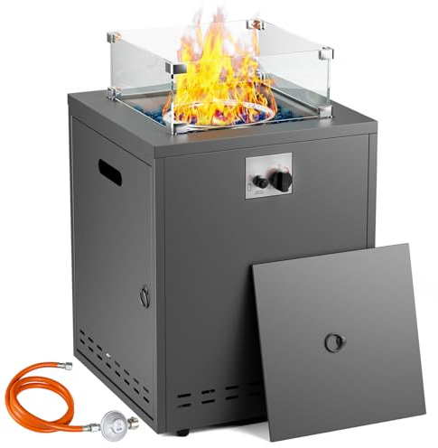 TLGREEN Caminetto a gas da 20 pollici, tavolo da caminetto da esterno con protezione in vetro, pietre di vetro, copertura protettiva impermeabile, 14,5 kW, tavolo da giardino, stufa a gas, camino a