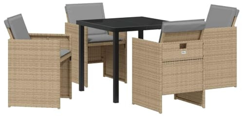 PUGYNBK Gruppo da pranzo in rattan sintetico, beige, con cuscino, 5 pezzi, con braccioli, sedie e tavolo con piano in vetro temperato per terrazza