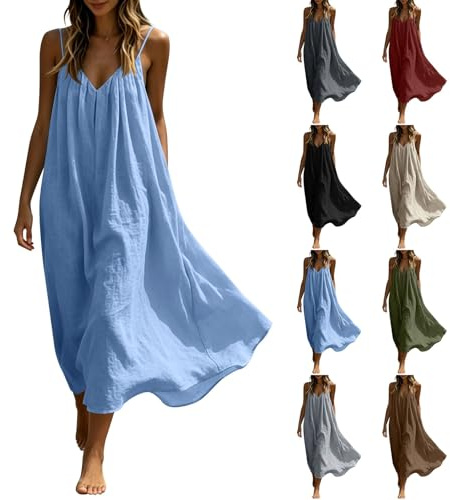 Maxi Dresses Womens Cotton Linen Casual Oversized Tunic Dress Sleeveless Spaghetti Strap Vest Dresses Solid Color A-line Sundress Baggy Beach Long Dress Summer Plain Sundress