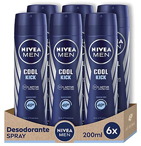 NIVEA MEN Cool Kick Spray en pack de 6 (6 x 200 ml), desodorante de hombre con un golpe de frescor, desodorante antitranspirante para el cuidado masculino