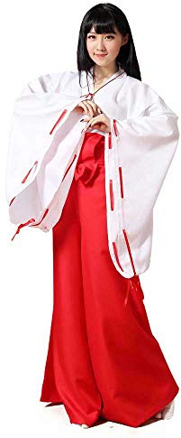 Kimono blanc rouge Hakama pour femme – Tenue de costume de sorcière de l'anime japonais Kikyo Miko pour cosplay, Halloween, costume de sorcière (taille S, rouge/blanc)