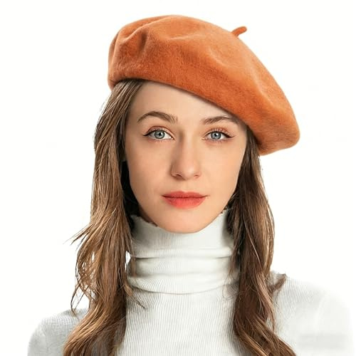 ZLYC Women's Classic French Artist Beret Beret, Light Orange, One Size