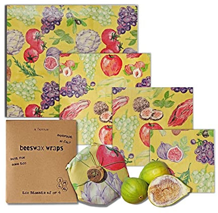A tavola! involucri di cera d'api biologica, Beeswax wraps, pellicola naturale in cotone cerato per alimenti, fatto a mano in Italia con ingredienti tutti italiani (Sapori Italiani)