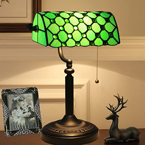 AIBOTY Grüne Banker Lampe Nachttischlampe LED Schreibtischlampe Leselampe Klavierlampe für Wohnzimmer Schlafzimmer Hotel Büro, Vintage Tiffany Perlen Tischleuchte Kunstglas, Buntglaslampe,Green a