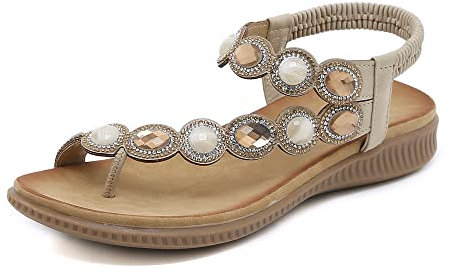 ZOEASHLEY Sandalen Damen Strass Flache Sandaletten Sommer Offene Zehe Zehentrenner Bohemian Flip Flops Beige28 40 EU