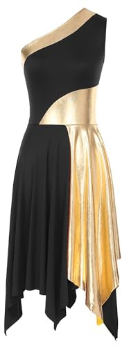 ranrann Femme Robe Danse Asymétrique Métallique Brillant Une Epaule Robe Danse Contemporaine Costume Tenue Dancewear S-XXL Noir S