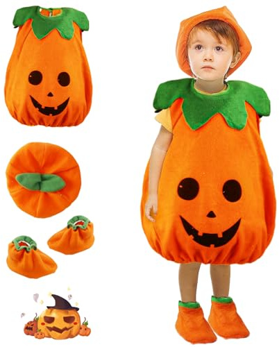 Moiuguli Déguisement Citrouille Enfant, Costume Halloween Bébé avec Chaussures et Chapeau pour Cosplay ou Fête d'Halloween