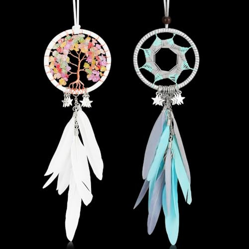 HMIEPRS 2 Piezas Atrapasueños, Atrapasueños Hecho a Mano con Plumas, Colgante para Interior de Coche Adornos de Abalorios, Decoraciones Colgantes de Pared para Coche Dormitorio Boda