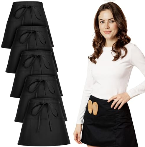 saerryor 5PCS Waitress Apron Black Waist Apron with 3 Pockets - Short Half Server Aprons for Women & Men, Waterproof & Anti-Dirt Cleaning Apron for Kitchen, Restaurant, Baking