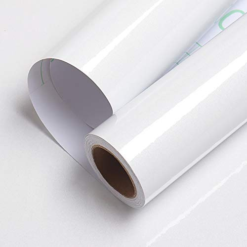 LACHEERY Bianca Pellicola Adesiva per Mobili Lucida 60cm x 400cm Carta Adesiva per Mobili Cucina Lavabile Rotolo Adesivo Bianco Lucido PVC Vinile Carta da Parati Tinta Unita per Armadio Bagno