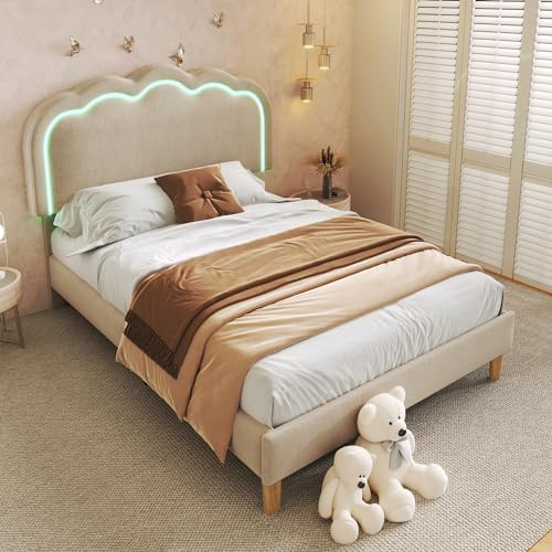 Letto imbottito per bambini, 90 x 190 cm, letto singolo con rete a doghe e testiera regolabile, grazioso letto per ragazzi con testiera a LED a forma di sbuff, letto imbottito, in lino, senza