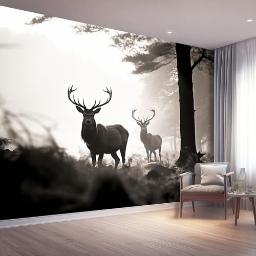 Carta da parati Stile Naturale Motivo Cervo, 200 x 140 cm Nero Bianco Carta da parati fotografica personalizzata in tessuto non tessuto per soggiorno e cameretta dei bambini