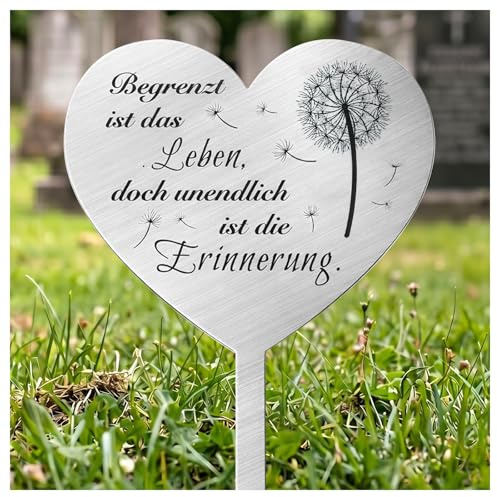 Decorazioni Funerarie Resistenti alle Intemperie, Palo da Tomba di Cuore in Metallo, Scritta “Begrenzt Ist Das Leben Doch Unendlich Ist Die Erinnerung” per Giardini, Cimiteri, Cortili (Stile 1)