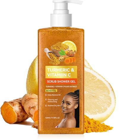 Gel douche exfoliant au curcuma et à la vitamine C, gel douche exfoliant pour l'acné pour hommes et femmes, savon au curcuma et éponges exfoliantes pour nettoyer et hydrater les peaux sèches et